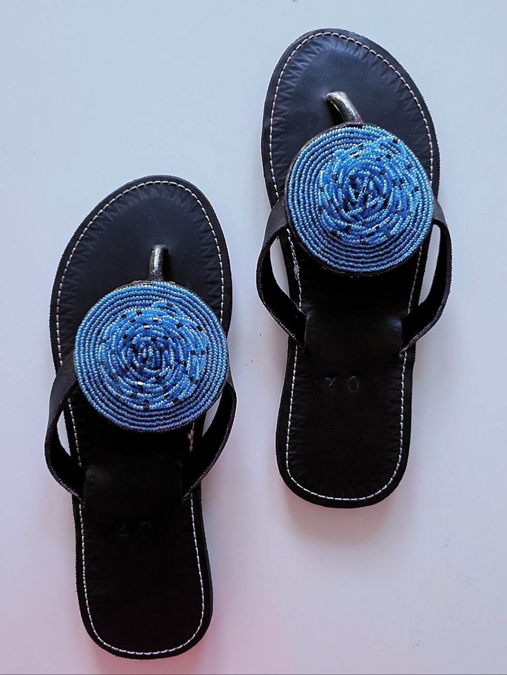 Handmade East African Maasai Beaded Leather Sandals | Blue Circle Design